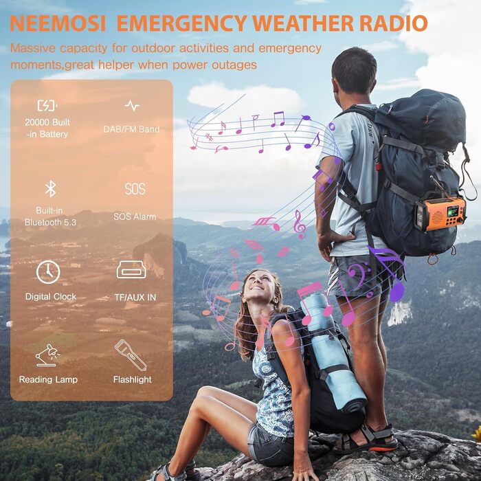 Радіо з ручним приводом DAB FM, 20000mAh, Радіо для надзвичайних ситуацій з сонячною панеллю, Bluetooth, годинник, зарядний пристрій для телефону, ліхтарик, компас SOS, радіо виживання (Помаранчевий)