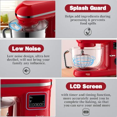 Kitchen Machine Zuccie Stand Mixer 1500W 5.5L Kitchen Machine 6 Speeds Dough Mixer with Dough Hook, Beater, Whisk and Splash Guard (red)…