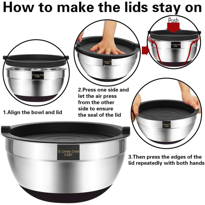Umiten Mixing Bowls with Airtight Lids, 6-Piece Stainless Steel Metal Bowls Chef, Measuring Markings Durable Quality Size 7, 3.5, 2.5, 2.0, 1.5, 1QT, ideal for Mixing and Serving (Black)
