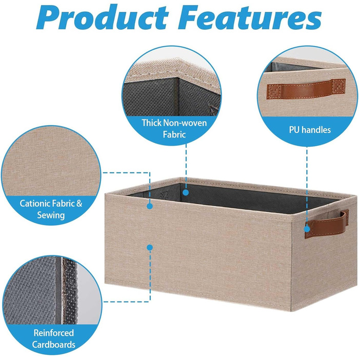 Ghvyenntte Storage Baskets (6 Pieces), Small Fabric Storage Baskets, Foldable, 30 x 20 x 13 cm, Organizer Baskets with PU Handles, Decorative Square Baskets for Closet, Shelves, Cabinet (Small-11.8