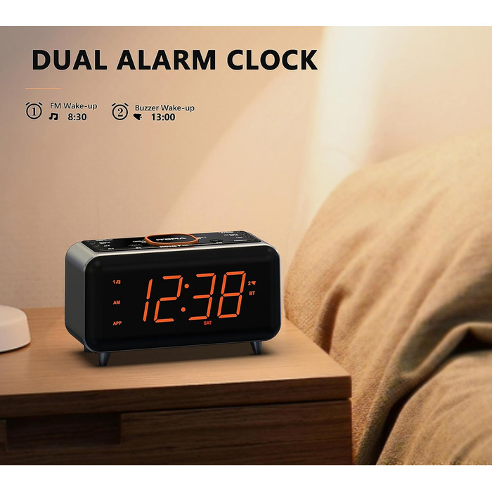 iTOMA Radio Alarm Clock with App Control, Bluetooth, FM Radio, Dual Alarm with 4 Alarm Modes, Easy Snooze, Dimmer, Orange Night Light, 12/24 Hr via USB Charging Port CKS208