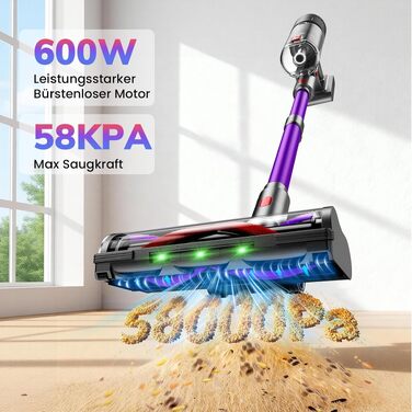 Акумуляторний вертикальний пилосос 600W, 58000Pa, 75 хв роботи, з LED-дисплеєм, зарядною станцією та антизаплутувальною щіткою для килимів та шерсті тварин, Фіолетовий