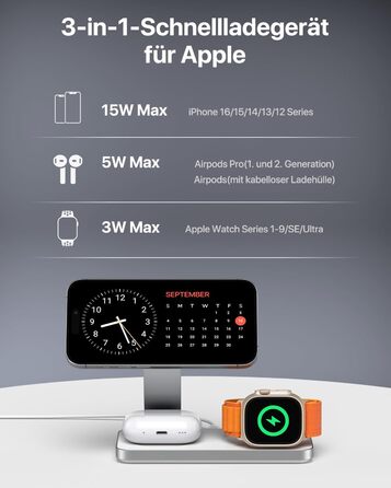 Зарядна станція Inductive QTlier 3-в-1 для iPhone 15/14/13/12, Apple Watch та AirPods, 30W Wireless Charging