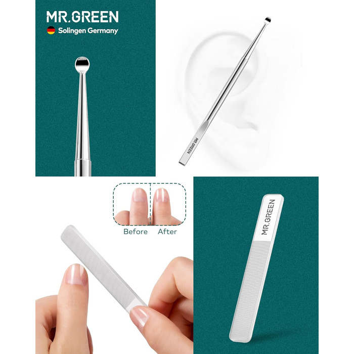 Набір для манікюру та педикюру Mr.GREEN 12 в 1 з нержавіючої сталі, професійний, з кейсом (зелений)