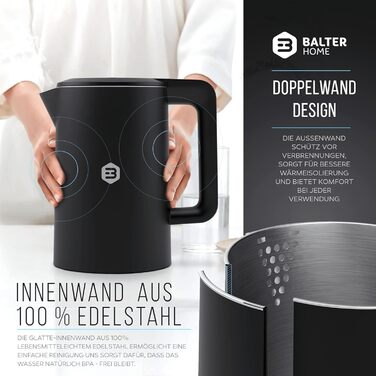 Balter Stainless Steel Electric Kettle with Temperature Control - 40°C to 100°C, Double Wall, BPA Free, 1.7L, 2200W, Quiet, Black
