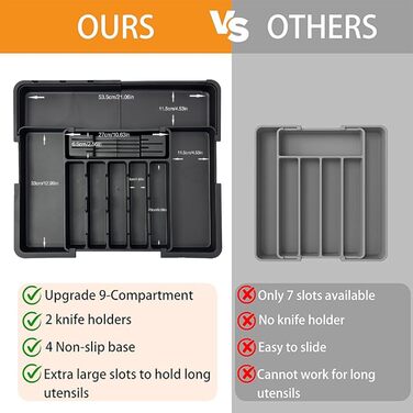 Органайзер для столових приборів в шухляду, розширюваний, чорний. Тримач для ложок, виделок, ножів. Регульований роздільник для кухонних ящиків