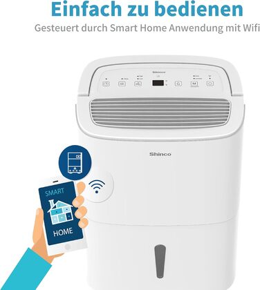 SHINCO 30L Електричний осушувач повітря з Wi-Fi, 105 м³, 5L бак, таймер, фільтр, безперервний злив (SDZ1-30D-M)