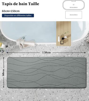 Килимок для ванної кімнати chakme з ефектом пам'яті, антиковзаючий та вбираючий м'який килим у ванну, що переється (60x150 см, сірий)