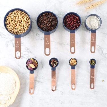 Measuring spoons, stainless steel handle, rose gold-plated plastic measuring cup, 8-piece graduated measuring spoon set (blue, 8 pieces) (blue 8 pieces)