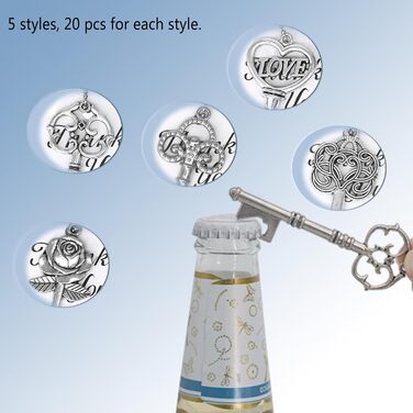 Aokbean Vintage Bottle Opener 100pcs Skeleton Wedding Gifts Guest Memorial Favor Set with Thank You Card and Chain for Wedding Birthday Baptism Party Gifts (Antique Silver)