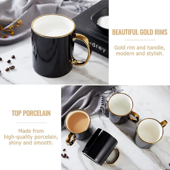 DUJUST Black Coffee Cup Set of 4 (470ml), modern and stylish design with handcrafted gold trim, black and gold cup for coffee, beautiful and elegant top-grade porcelain mugs