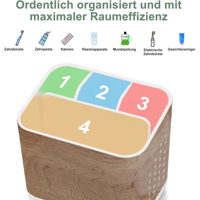 Тримач для зубних щіток електричних з отворами для стоку, дерев'яниста текстура, органайзер для зубних щіток на 4 слоти, легкий у чищенні, для ванної кімнати, коричневий малюнок деревини, середній