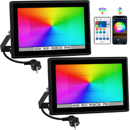 T-SUNUS LED Flood Light Outdoor 100W, Super Bright Outdoor Floodlight Cool White Spotlight IP66 Waterproof 11000LM for Driveway Garage Path Garden 2 Pack (2 Pieces, 60w-wifi)