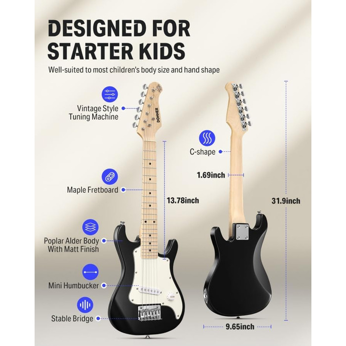 Електрогітара Donner Set для початківців Junior ST-стиль 30 дюймів, Mini гітара Преміум-комплект з підсилювачем, тюнером, каподастром, чохлом, ремінцем, струнами, кабелем (DSJ-100, Чорний)
