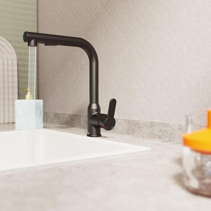 Кран кухонний гнучкий EISL Flexo з нержавіючої сталі/чорний, 360° обертання, високий вилив, шланг Soft-Touch, 2 функції, NI186FLNIB