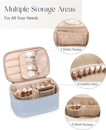 Велика косметичка для жінок, дорожня косметичка з водонепроникної шкіри, косметичний мішечок або сумочка для макіяжу з ручкою та знімним роздільником (Блакитна)