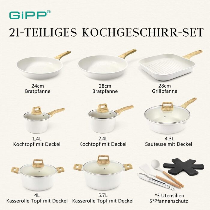 Набір каструль та сковорідок GiPP Ceramic Antihaft 22 частини – керамічне антипригарне покриття, безпечне, для посудомийної машини, без PFAS, PTFE, PFOA, PFOS