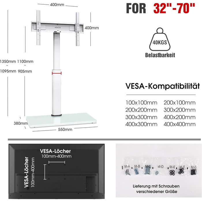 AOKCOS Adjustable TV Stand Base - Height 1350mm, Tilting & Swivel, for 32-70 inch TVs, Universal VESA 400x400, 40kg Capacity (White)