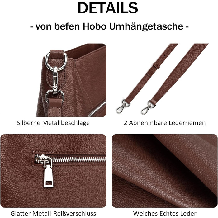 Сумка жіноча шкіряна Befen, шопер середнього розміру з ручками та 2 ремінцями через плече, колір кава