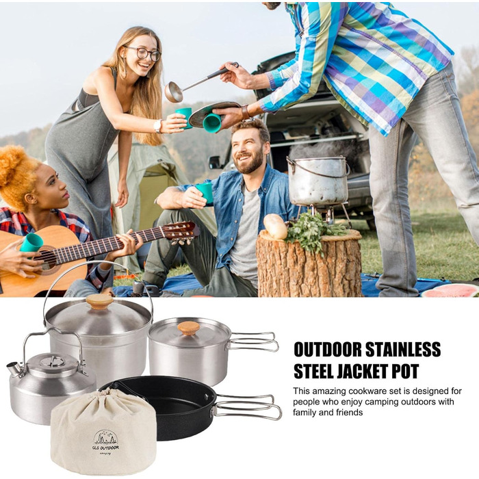 Набір кухонного посуду Pomurom Outdoor: нержавіюча сталь, для кемпінгу, пікніків та походів. Включає каструлю, чайник, набір посуду та сумку для зберігання
