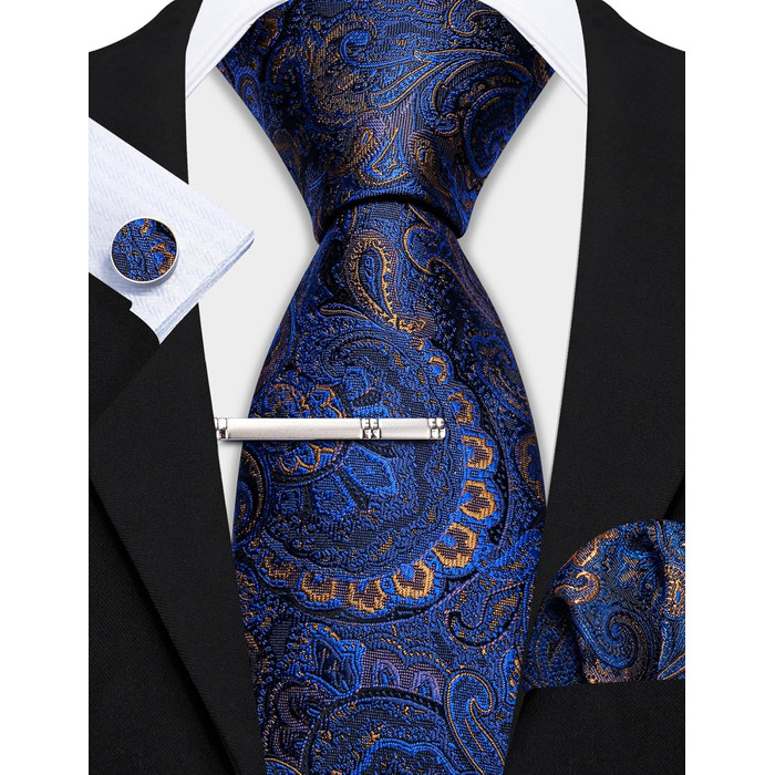 Краватка з шовковим візерунком пейслі, комплект з кишеньковим хустинкою та застібкою для краватки Barry.Wang, 3 шт., блакитно-золотий колір, для урочистих заходів та весілля