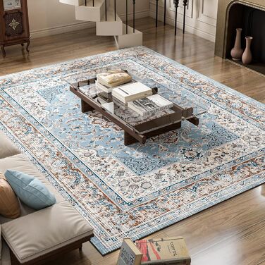 OMERAI Rug Living Room Washable Short Pile Rug Oriental Soft Bedroom Blue Non-Slip Vintage Rug 60x130CM Machine Washable Rug