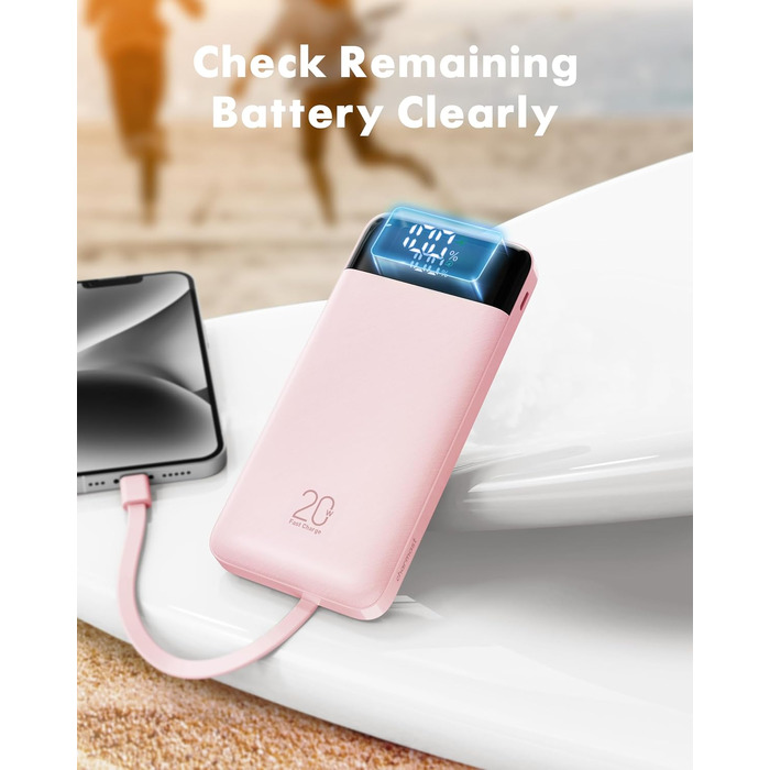 Повербанк Charmast 20000 mAh з 4 вбудованими кабелями, швидка зарядка 22.5W, портативний зовнішній акумулятор для iPhone, Android, iPad, рожевий