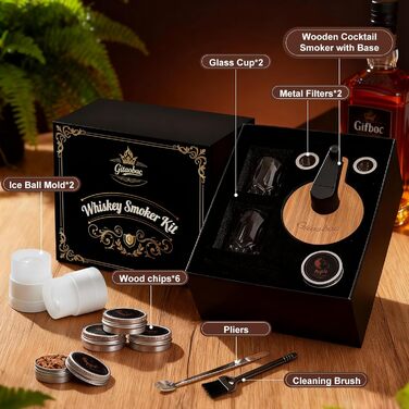 Набір для копчення віскі: 6 видів тирси, 2 склянки, 2 форми для льоду, без бутану (дерево)