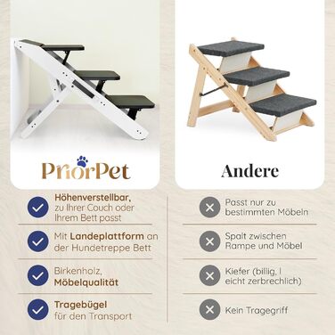 Сходинка для собак на ліжко та диван 2-в-1 - регульована пандус для собак, 18-50 см - для маленьких собак, легка у переміщенні, з платформою, натуральне дерево (білий дуб)