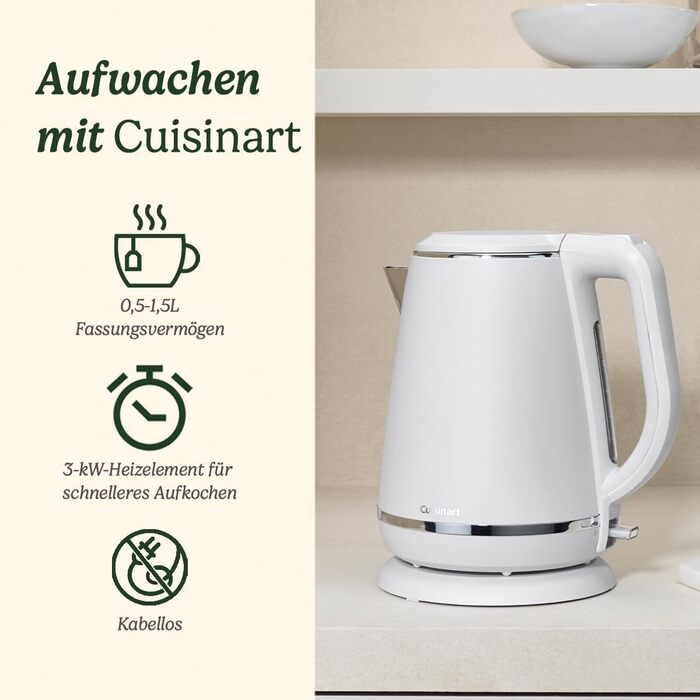 Електрочайник Cuisinart 1,5 л, 3000 Вт, білий, нержавіюча сталь, матове покриття, бездротовий, швидкий нагрів, для кухні, частина набору з тостером