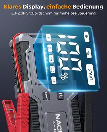 Powerbank Starthilfe 6000A: Зарядний пристрій для автомобіля 12V з кабелем, LED-лампа та дисплеєм (до 9L бензин, 7L дизель) - для SUV, мотоциклів, газонокосарок