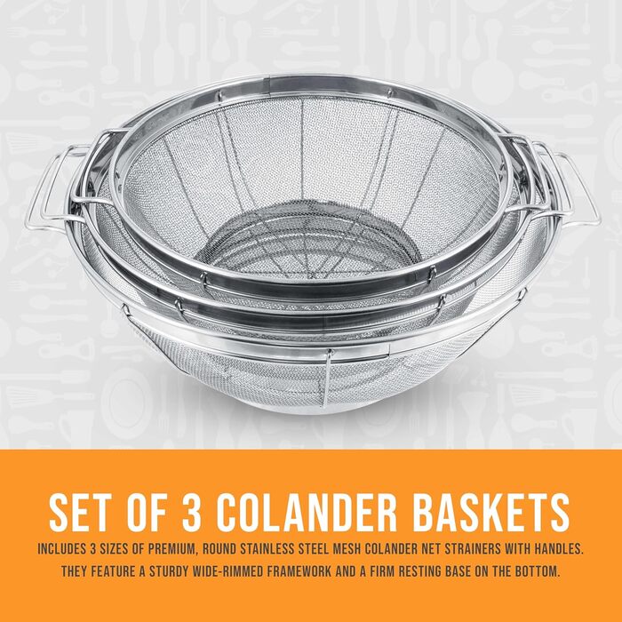 Набір сит з нержавіючої сталі U.S. Kitchen Supply (3 шт) - 27.9 см, 24.1 см, 4 квари, 21.6 см 3 квари - для миття, пропарювання, варіння