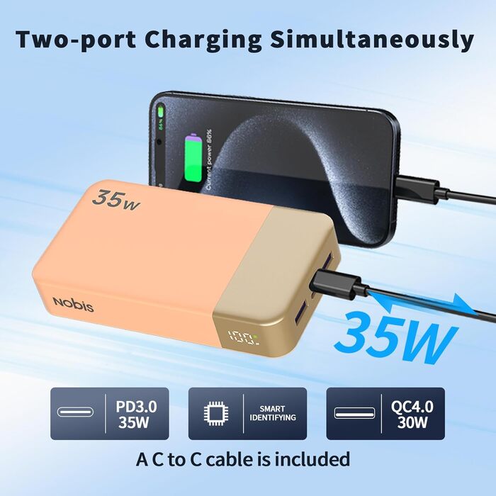 Power Bank Nobis 20000mAh з LED дисплеєм, 35W USB-C, 4 порти, для MacBook, iPhone 15, Samsung S23 (Зелений/Оранжевий)