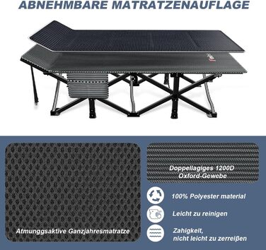 Кемпінгове ліжко Peirhw: складане, широке, з матрацом, до 200 кг, легке та портативне для подорожей