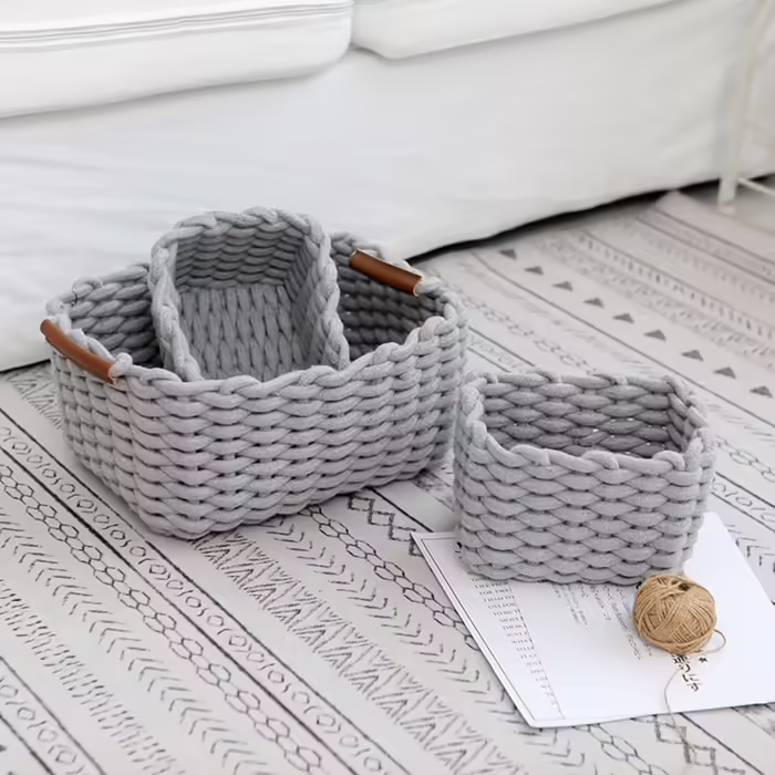 Icegrey Storage Basket Cotton Knit Basket Decorative Natural Rectangular Waterproof Storage Boxes Organizers for Nursery, Bedroom, Living Room (Black, Small)