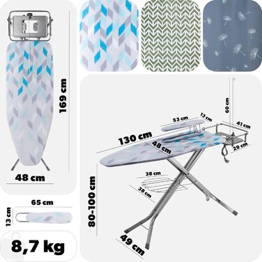 Прасувальна дошка KADAX з підставкою для рукавів 130x41 см, поверхня для прасування 53x13 см, з відсіком для праски та розеткою, складана прасувальна станція з парогенератором, Made in EU (Блакитна)