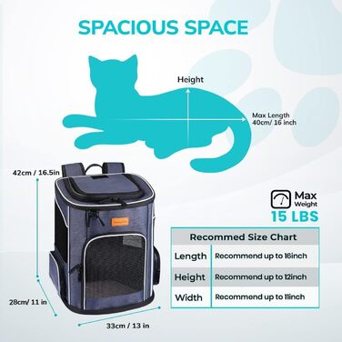 Рюкзак-переноска для котів та маленьких собак Morpilot, 7 кг, блакитний, 33L x 28B x 42H см