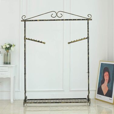 Clothes Rack Clothes Rail Coat Rack with Shoe Storage, Width 136cm, Vintage Style Metal Height Adjustable from 126 to 200 cm (Bronze Black)