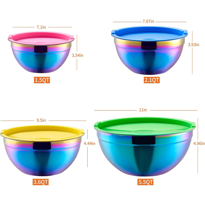 Набір змішувальних мисок Onlycooker Rainbow з кришкою, 18/10 нержавіюча сталь, 4 шт., 1.5, 2.1, 3.6, 5.5 л, для салатів та приготування їжі