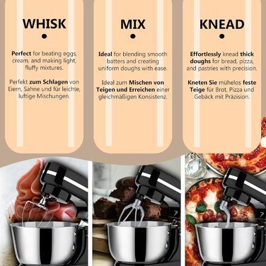 Кухонна машина Retoo 3-в-1 з нержавіючою чашею 6 л, 2000 Вт, 6 швидкостей, планетарний міксер, гак для тіста, вінчик, захист від бризок, кухонний комбайн, планетарна міксер, тістоміс