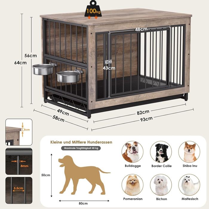 Дерев'яна собача будка/переноска для дому, 93x64x58 см, з піддоном та мисками, для собак середніх та маленьких порід (до 40 кг), білий/сірий колір