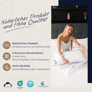 Dedstore-Baby 2-Pack Down Feather Pillows - 3-Chamber Head Pillows 40x80 cm - Goose Down Bed Pillows - Cotton Cover - Night Pillows, Sleeping Pillows, 750g Filling per Pillow, Öko-Tex Certified