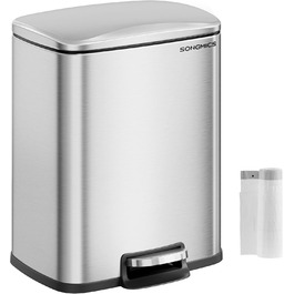 Сміттєве відро SONGMICS 20 л з педаллю, м'яким закриттям, з внутрішнім відром, 15 мішків, металеве сріблясте