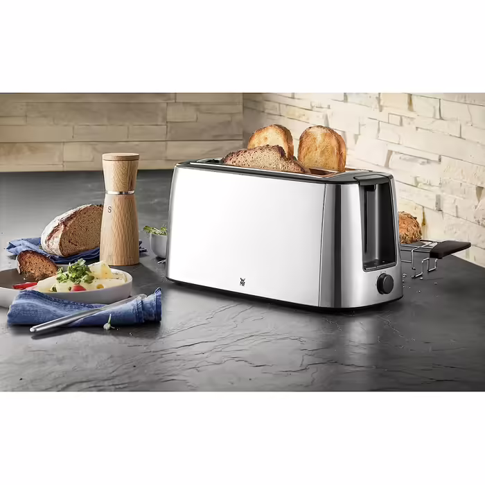 WMF Bueno Pro Toaster 4-Slice Long Slot with Bun Warmer, XXL Toast, Crunchy Function, 6 Browning Levels, 1550W, Stainless Steel Matte Toaster Single