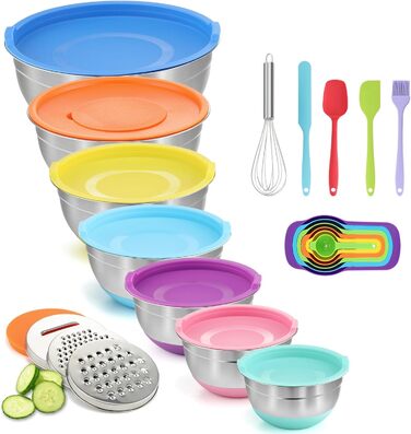 Набір місок для перемішування BEWOS 7 шт. з кришкою, нержавіюча сталь, набір місок з терткою, вкладна конструкція, кольорові нековзні дна, об'єм 4.3, 3.8, 3.3, 2, 1.4, 1, 0.7 л для змішування та подачі