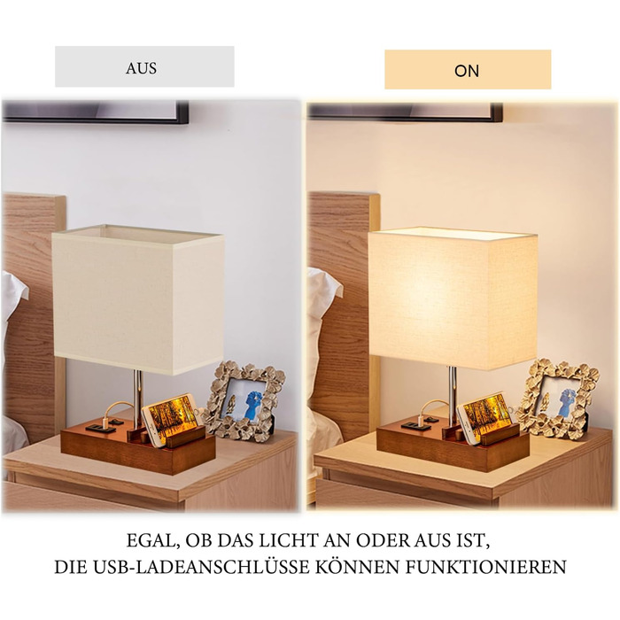 Настільна лампа Dreamholder з 3 USB-портами (A+C), підставкою для телефону, для спальні, вітальні, офісу, з натуральним дерев'яним цоколем та тканинним абажуром (цоколь з горіхового дерева)