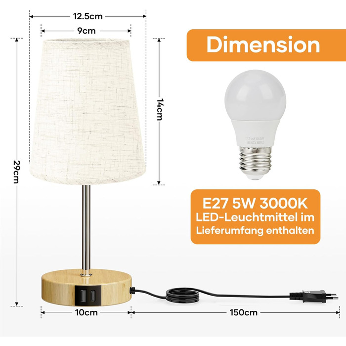 Нічна лампа Suright з торшером з льону, USB-портами A+C, регулюванням яскравості, дерев'яною основою, для спальні/вітальні (LED-лампочка в комплекті), Бежева