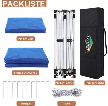 COBIZI Pavilion 3x3 Waterproof Stable Winterproof Party Tent 3x3 with 4 Side Walls Pop Up Folding Pavilion UV Protection 50+ Garden Pavilion With Handbag, 8X Pegs and 4X Wind Rope, (Light Blue, 3x6 m)