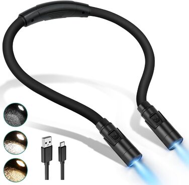 Настільна лампа LUXJET на шиї, LED, акумуляторна, 3 кольори, регулювання яскравості, для читання, рукоділля, ремонту, чорна, 3 режими (3000K-6000K)