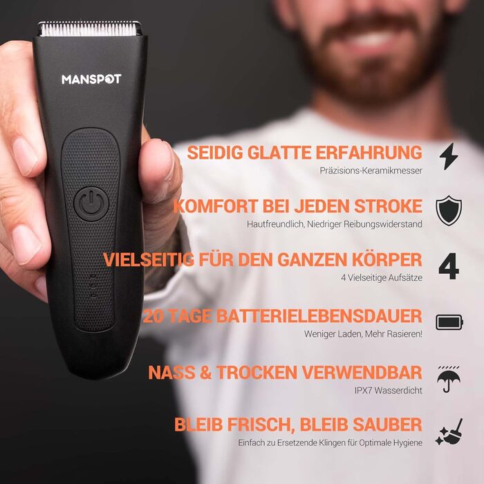 Електричний чоловічий триммер для тіла MANSPOT, водонепроникний, для інтимної зони, для ніг, грудей, чорний